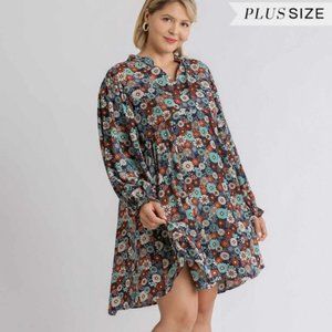 Umgee Plus Size Navy Mint Floral Print Split Neck Long Puff Sleeve Dress